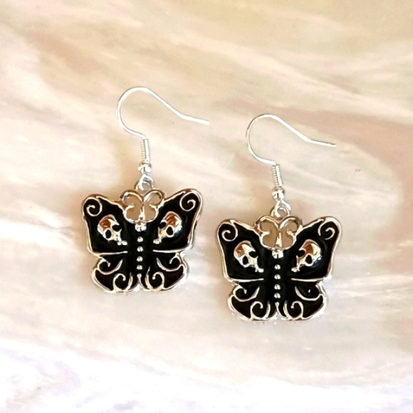 Black And Silver Gothic Butterfly With Skull Earrings - Picture 2 of 3